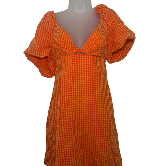 Louna Orange Gingham Puff Sleeve Mini Dress Size Large - Picture 5 of 7